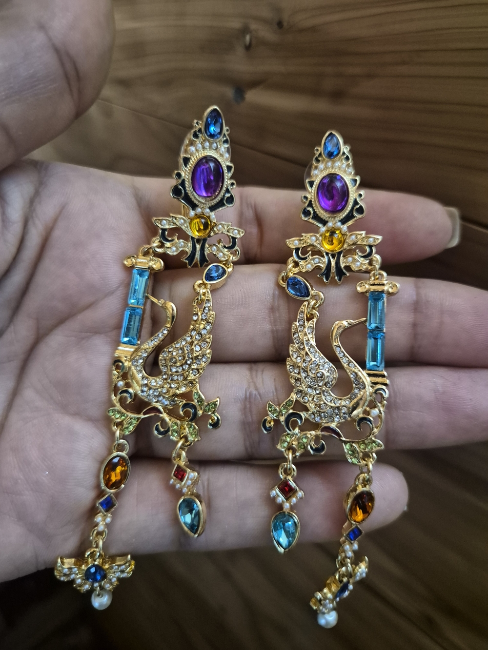 Gold-Tone Multicolor Peacock Drop Earrings - Elegant Women's Jewelry - Picture 1 of 6